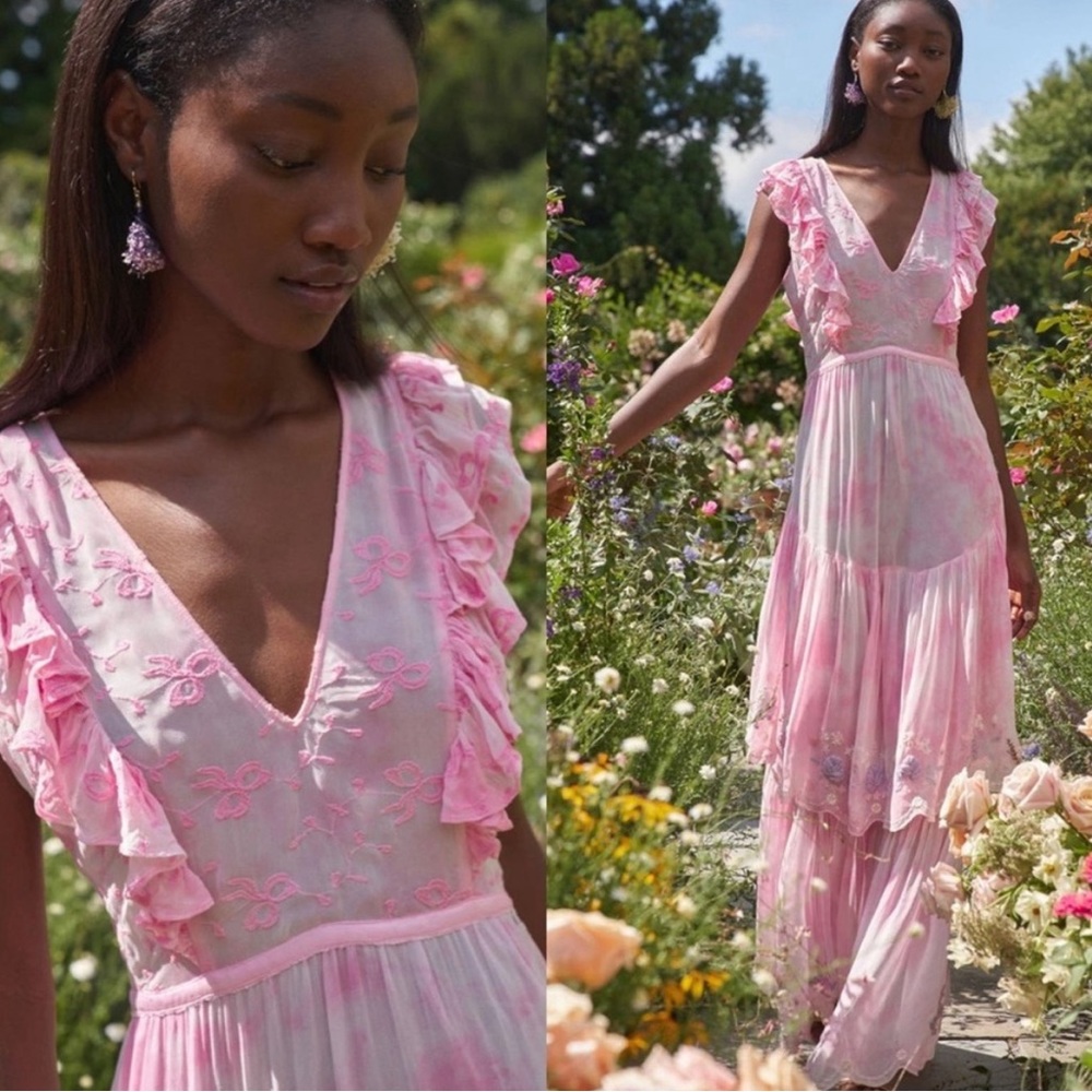 LoveShackFancy Chantelle Lilac Bow Detail Floral Tiered Maxi Dress Size 2